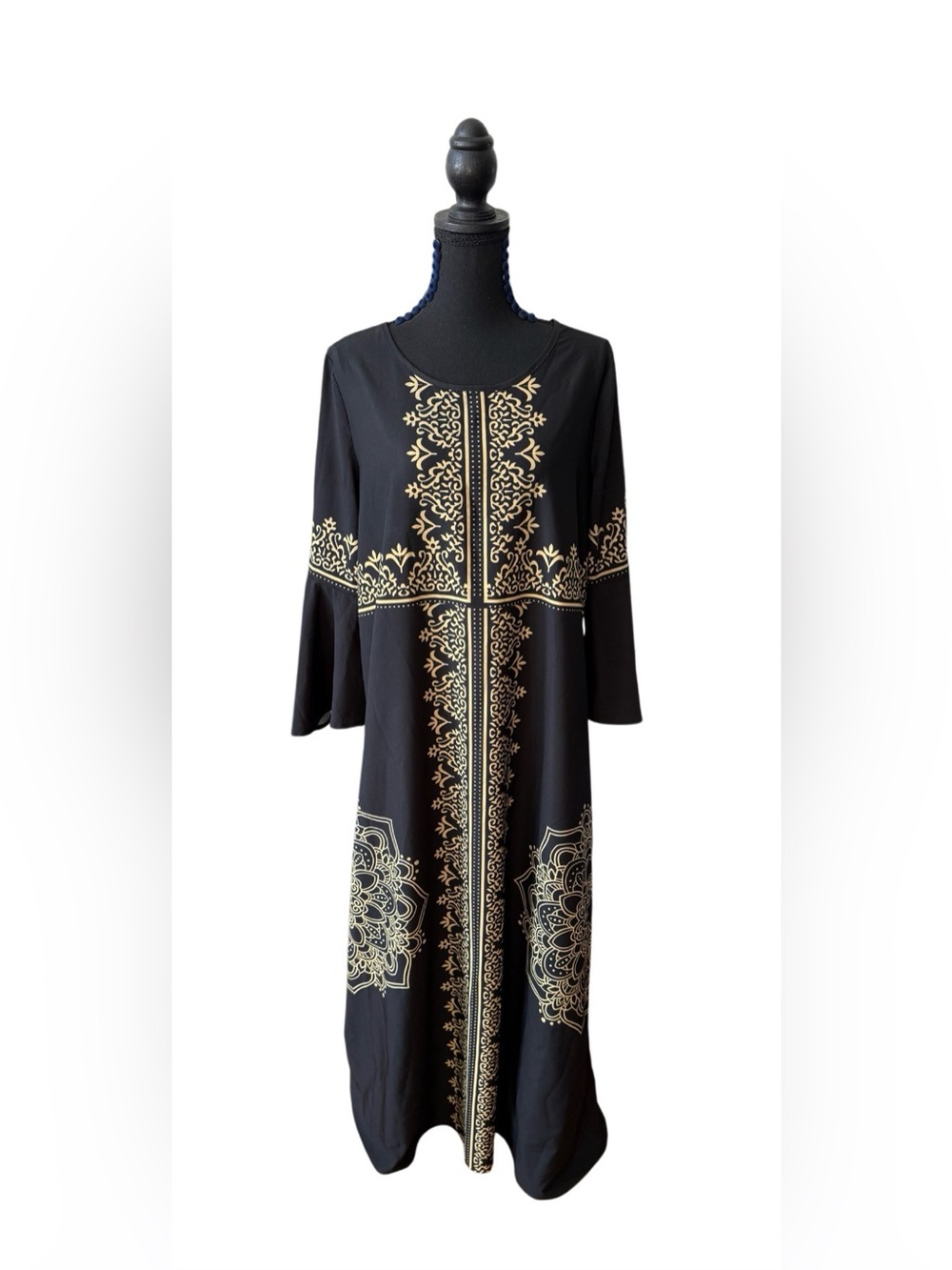 Zanzea Black Maxi Dress with Gold Paisley Detail with Mid Flared Sleeves